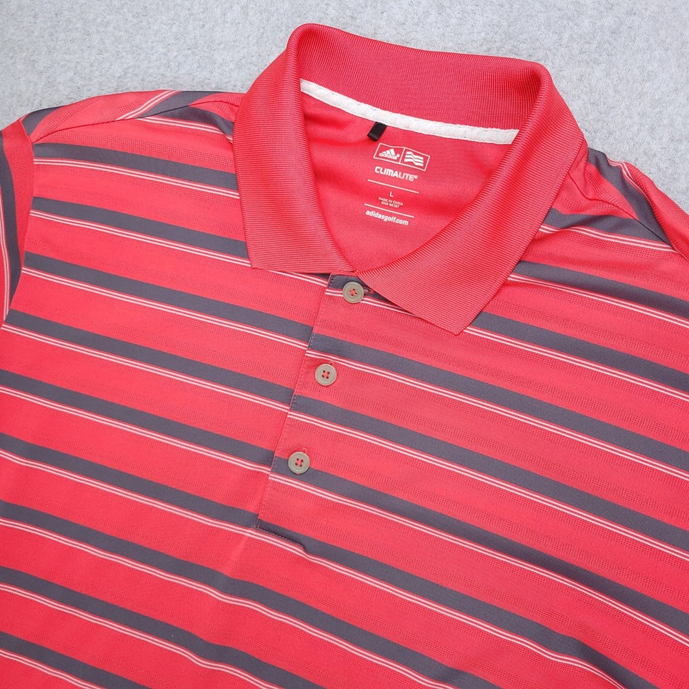 Adidas ClimaLite Golf Polo Shirt Men's‎ Large Pink Gray Striped Logo